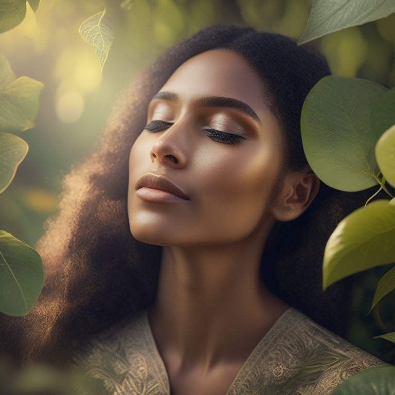 An illustration of a person in a serene, natural environment, surrounded by leaves and vines, with a subtle glow, in a perfect posture, with a subtle smile, and eyes closed in relaxation.