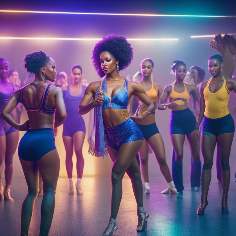 A vibrant illustration of a confident leader standing in front of a diverse group of dancers in various poses, surrounded by mirrors, dance bars, and spotlights in a spacious dance studio.