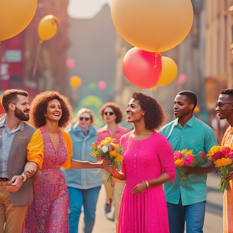 A warm, sunny street scene with people from diverse backgrounds gathered together, holding hands, and forming a human chain, surrounded by vibrant flowers and balloons in shades of yellow, orange, and pink.