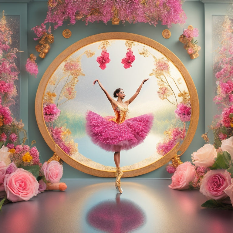 A whimsical illustration of a dancer surrounded by swirling musical notes, trophies, and flowers, with a subtle background of a dance studio mirror and barre, conveying a sense of joy and accomplishment.
