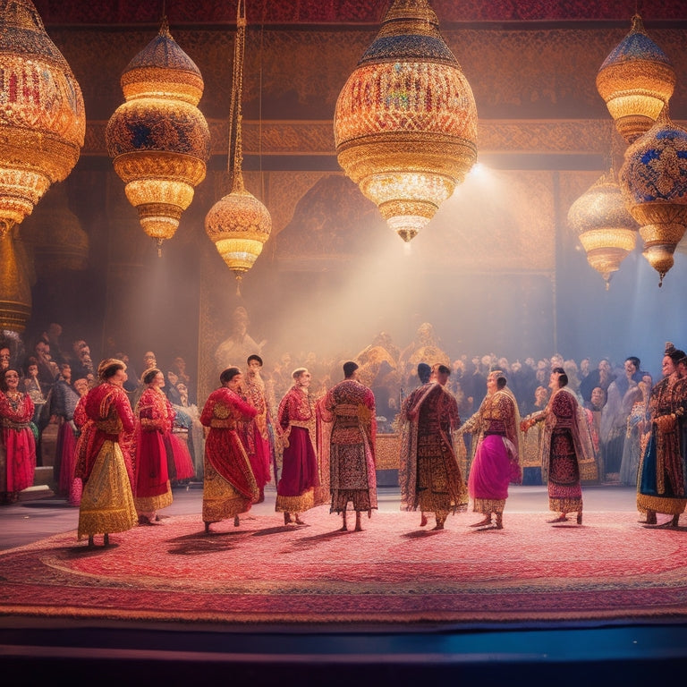 A vibrant, golden-lit stage with intricately patterned Persian rugs and ornate lanterns, surrounded by mesmerized audience members, featuring a troupe of nomad dancers in flowing attire, frozen in dynamic, whirling movements.