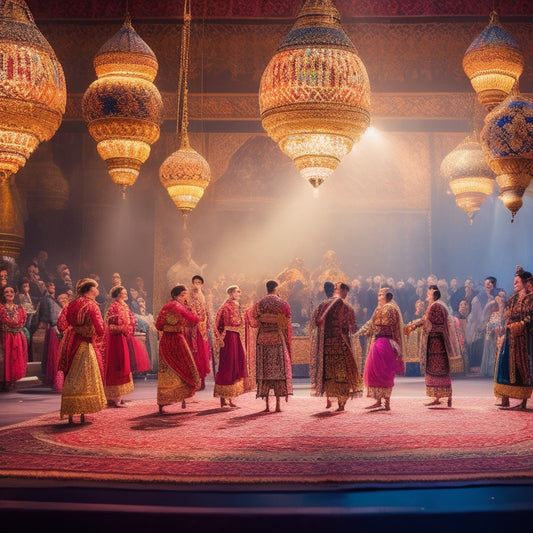 A vibrant, golden-lit stage with intricately patterned Persian rugs and ornate lanterns, surrounded by mesmerized audience members, featuring a troupe of nomad dancers in flowing attire, frozen in dynamic, whirling movements.