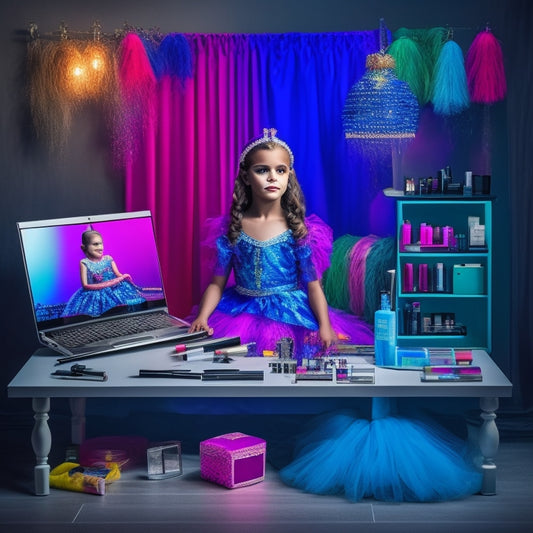 A colorful illustration of a young girl, around 8-10 years old, sitting in front of a vanity, surrounded by makeup brushes and dance costumes, with a laptop open in front of her, displaying a dance makeup tutorial.