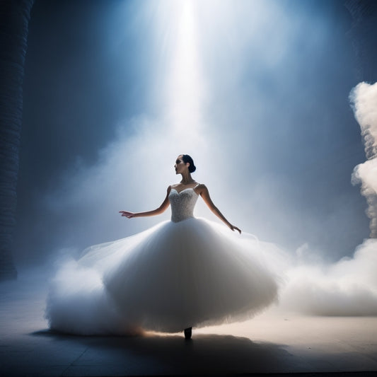 A darkened stage with a spotlight shining down, casting a warm glow on Yasmin Al-Asuan, dressed in a flowing white tutu, poised in a dramatic arabesque, surrounded by wispy smoke and blurred audience silhouettes.