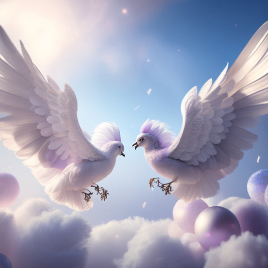 A whimsical illustration of a pair of dancing wings, adorned with sparkling feathers and shimmering ribbons, surrounded by fluttering music notes and swirling clouds of pastel hues.