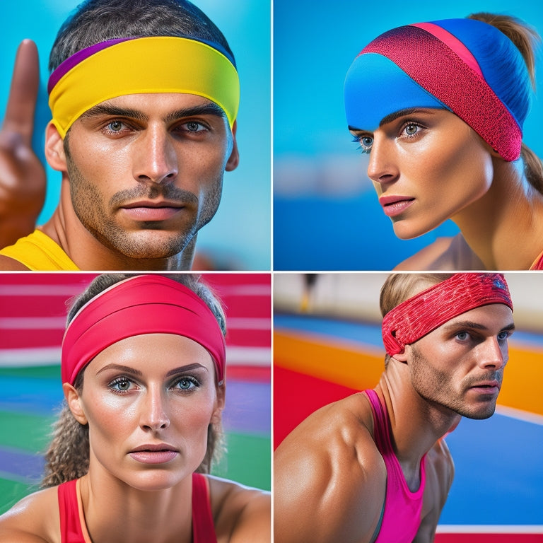 Image of 5 colorful, sweat-wicking headbands on a fitness mat, surrounded by sports equipment and a blurred background of a gym or athletic field.