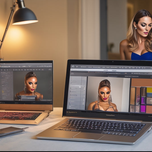 A split-screen image featuring a dance makeup artist's workstation with brushes, palettes, and mirrors on one side, and a laptop with an online course website open on the screen on the other side.