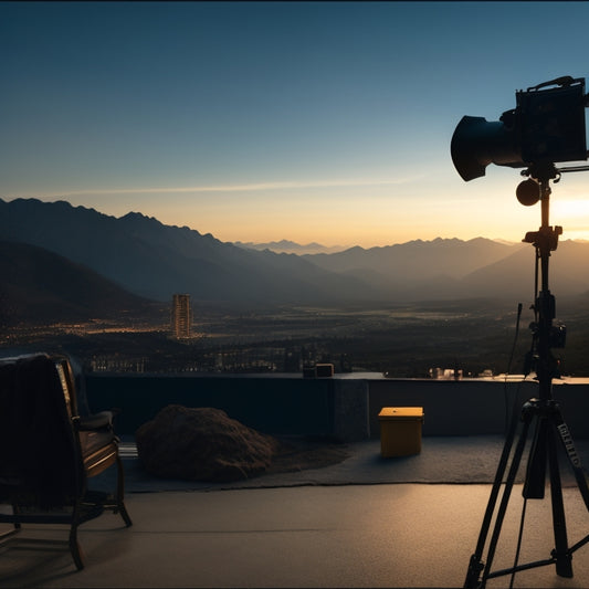 A dimly lit film set at dusk with a director's chair, clapperboard, and camera equipment scattered around, surrounded by a cityscape or mountain range in the background.