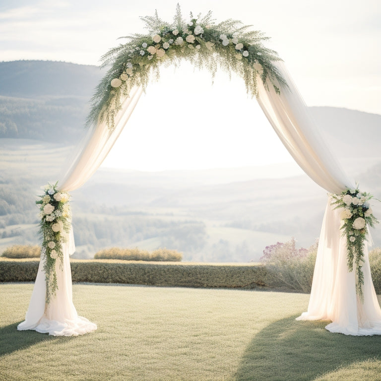 An elegant, lace-draped wedding arch adorned with delicate flowers and greenery, set against a serene, sun-kissed outdoor backdrop with rolling hills and a faint, majestic castle in the distance.