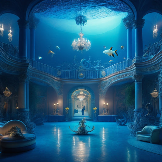 An ethereal, moonlit underwater ballroom with a grand, sweeping staircase, surrounded by majestic sea creatures, including a dignified octopus playing a harp, and a school of fish forming a sparkling chandelier.