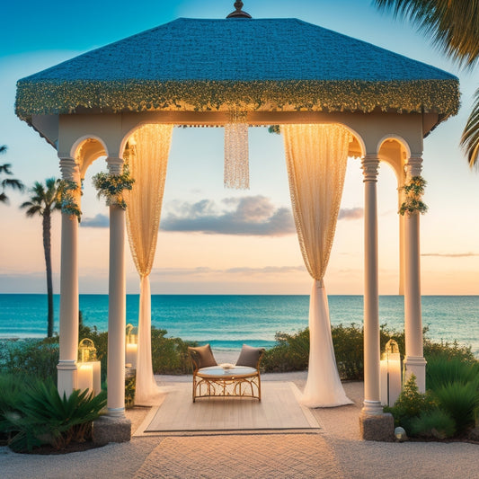A serene, ivory-hued beachside mansion with lush greenery, adorned with soft, golden string lights, overlooking a tranquil turquoise ocean at sunset, with a delicate, lace-draped wedding arch in the foreground.