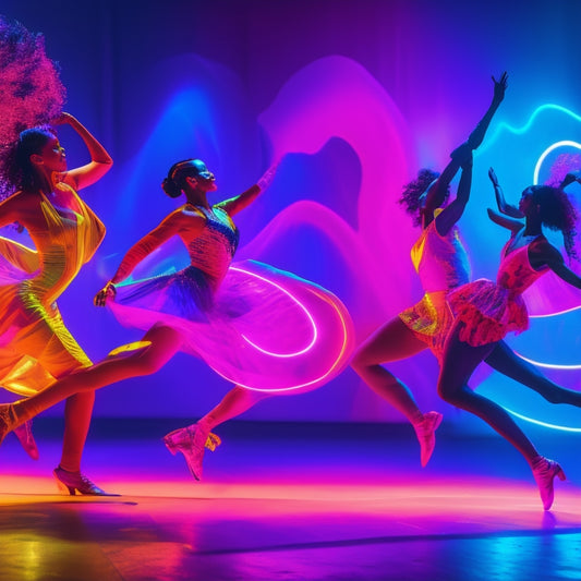 Vibrant, swirling patterns of neon pink, blue, and yellow dance across a dark background, punctuated by stylized, glowing silhouettes of dancers in dynamic, abstract poses.