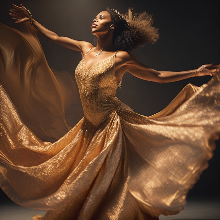 A warm, golden-lit portrait of Cleo Parker Robinson in mid-dance, her arms extended, and her dress flowing, surrounded by subtle, swirling patterns evoking movement and energy.