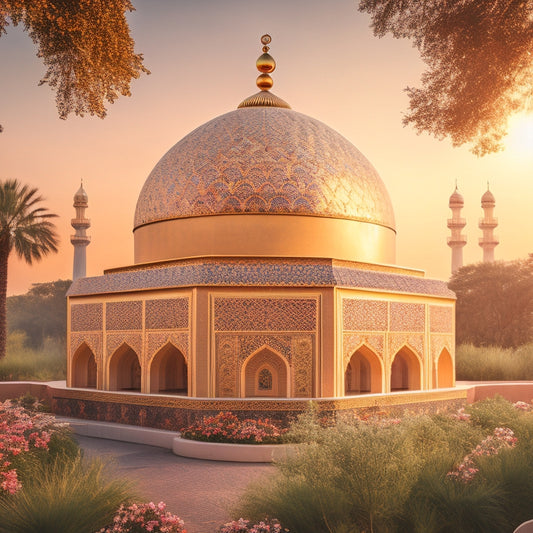 An intricately patterned, gold-embellished mosque dome, surrounded by lush greenery and vibrant, Middle Eastern-inspired florals, set against a warm, sunset-colored background with ornate, curved archways.