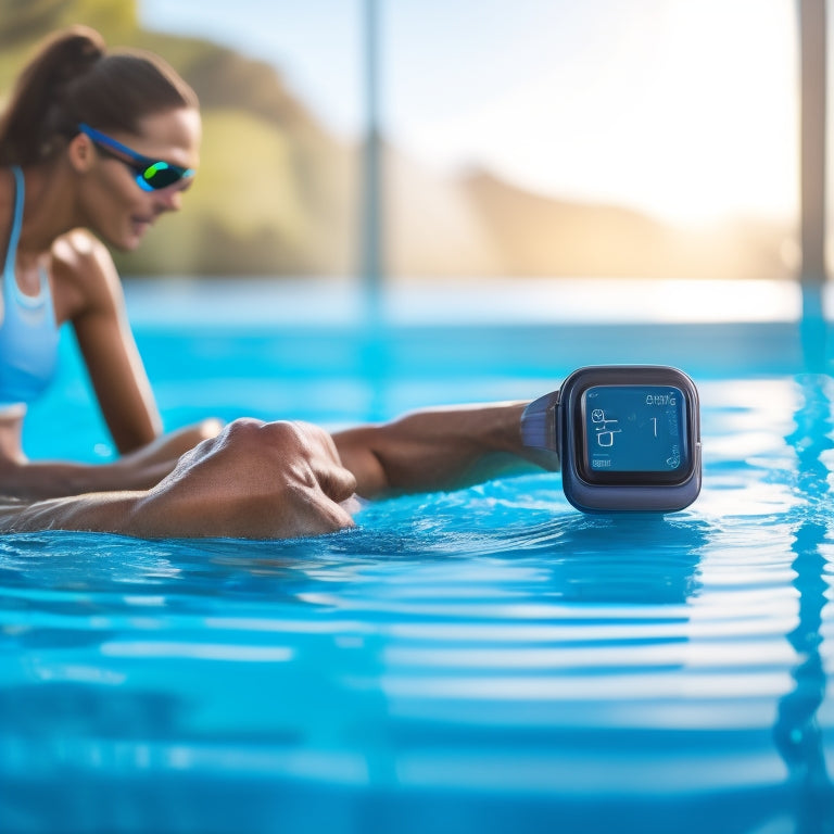 A sleek, modern fitness tracker on a pool deck, surrounded by swim goggles, water bottle, and towel, with a blurred swimmer in the background, arms outstretched in a freestyle stroke.