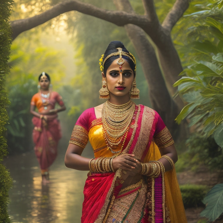 A serene Odissi dancer, adorned with intricate traditional jewelry, stands in tribhanga pose amidst a backdrop of vibrant Indian motifs, surrounded by subtle hints of morning light and misty foliage.