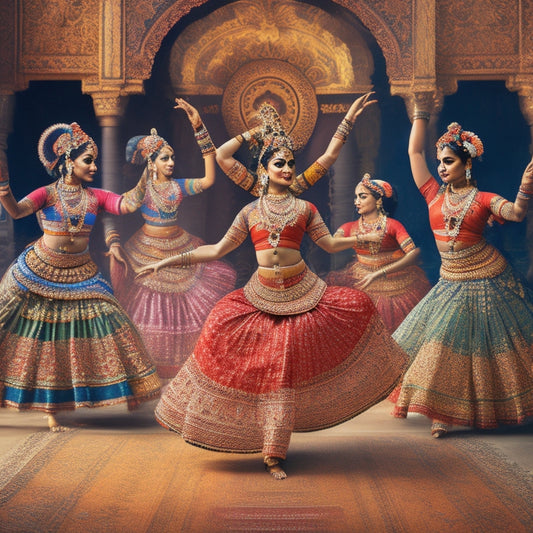 A vibrant illustration featuring a fusion of Indian dance forms, with a Bharatanatyam dancer in the center, surrounded by intricate patterns, motifs, and silhouettes of Kathak, Odissi, and Kathakali dancers.