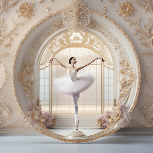 A delicate, whimsical illustration featuring a slender ballerina in various elegant poses, surrounded by ornate filigree and subtle music notes, set against a soft, creamy white background.