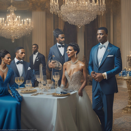 An elegant ballroom scene featuring diverse individuals in exquisite formal attire: men in tailored tuxedos, women in flowing gowns of various colors, showcasing accessories like gloves and jewelry, all set against a luxurious, softly lit backdrop.