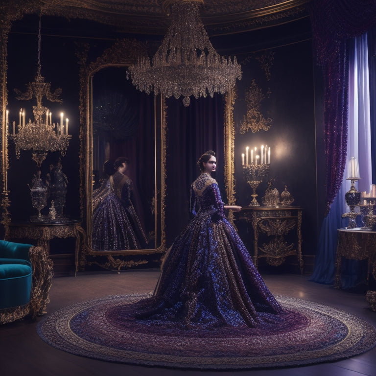 A darkened theater stage with a single, ornate, floor-to-ceiling mirror reflecting a dramatic, jewel-toned, Victorian-inspired costume with layered silk skirts and intricate, beaded embroidery.