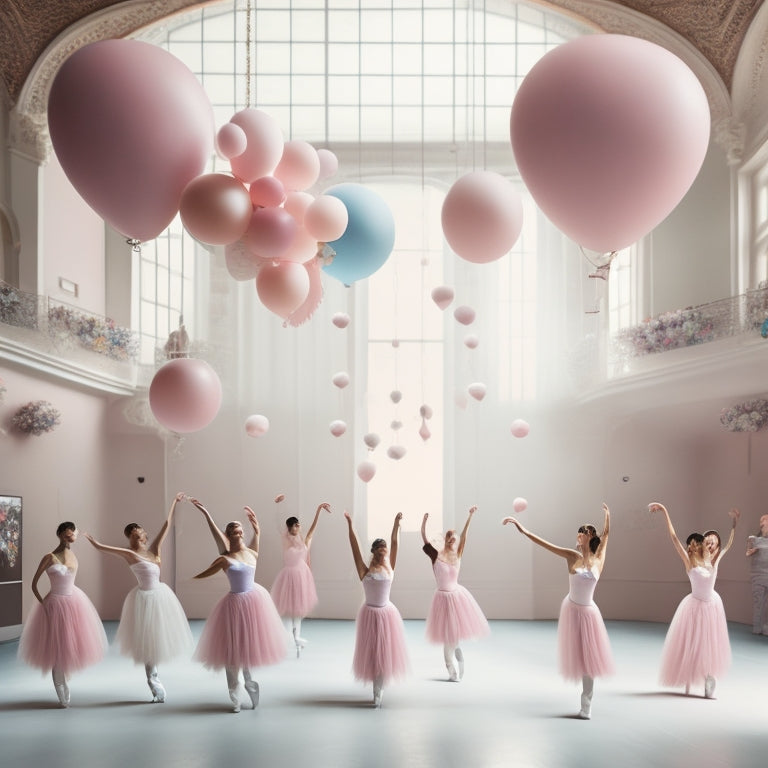 A whimsical illustration of a ballet studio with dancers in various poses, surrounded by ballet-themed quiz questions and answers floating in the air, amidst a background of soft, pastel pink and white balloons.