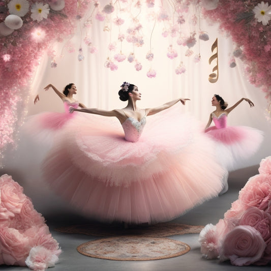 A whimsical illustration of a ballet dancer surrounded by swirling tutus, ballet shoes, and music notes, set against a soft, pastel pink and white ombre background with delicate florals.