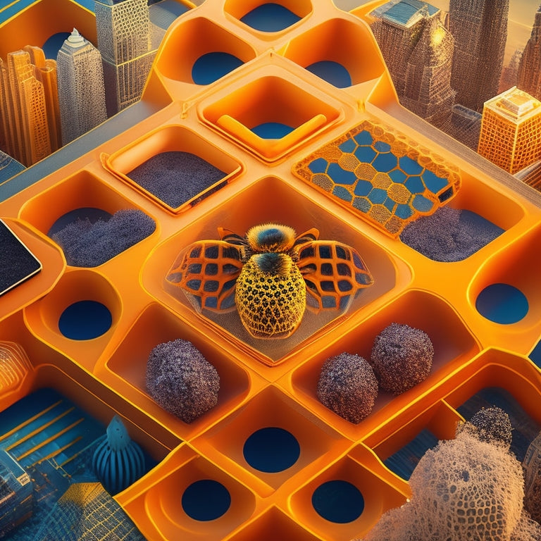 A stylized illustration of a buzzing beehive, with hexagonal cells shaped like New York City skyscrapers, surrounded by swirling lines and shapes in shades of yellow and black.