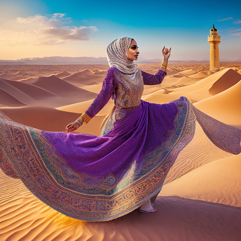 A vibrant illustration of a fit, hijabi woman in mid-dance, surrounded by swirling patterns of Arabic calligraphy and intricate geometric shapes, with a subtle background of desert dunes and cityscapes.