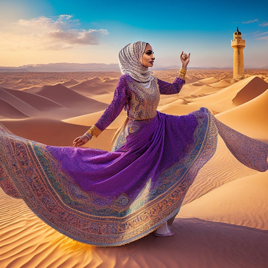 A vibrant illustration of a fit, hijabi woman in mid-dance, surrounded by swirling patterns of Arabic calligraphy and intricate geometric shapes, with a subtle background of desert dunes and cityscapes.