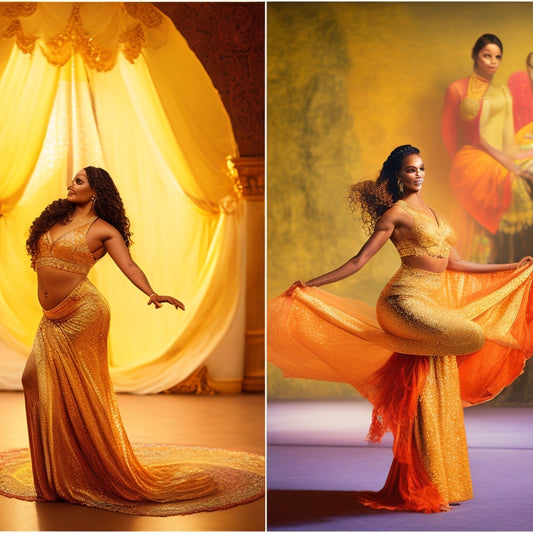 A serene, golden-lit dance studio with a beautiful, confident woman in the center, surrounded by before-and-after silhouettes showcasing dramatic weight loss, with colorful belly dance scarves draped elegantly in the background.