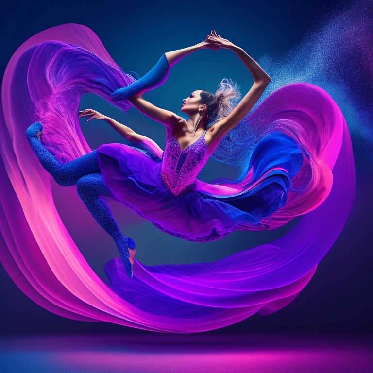 A stylized illustration of a dancer in mid-leap, surrounded by swirling shapes and lines in shades of pink, purple, and blue, evoking movement and energy, set against a dark grey background.