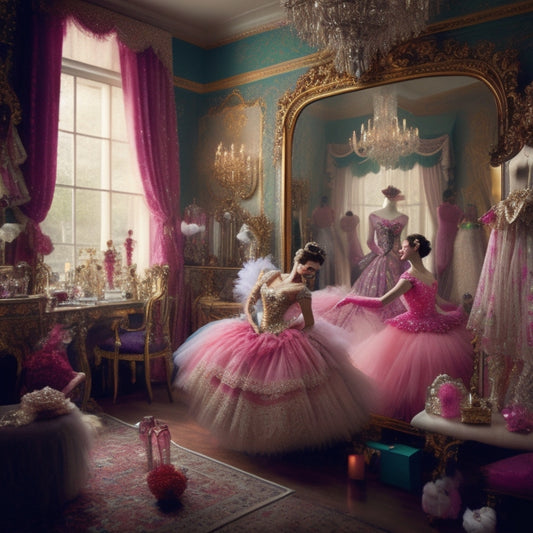 A whimsical illustration of a dancer's dressing room, cluttered with vibrant fabrics, glittering accessories, and ornate mirrors, surrounded by delicate ballerina silhouettes and swirling patterns of tulle and lace.