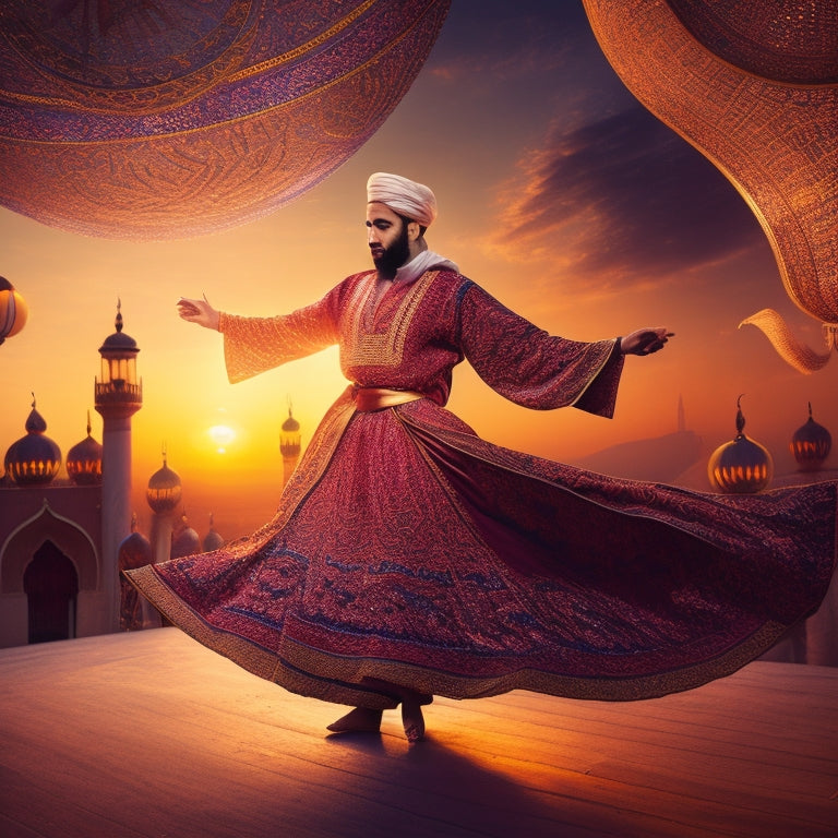 A vibrant illustration of a whirling dervish surrounded by intricate Arabic calligraphy patterns, amidst swirling fabrics and lanterns, set against a warm, golden Middle Eastern sunset background.