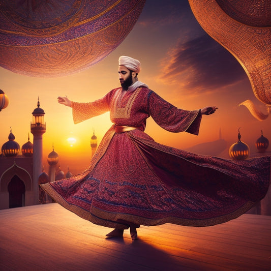 A vibrant illustration of a whirling dervish surrounded by intricate Arabic calligraphy patterns, amidst swirling fabrics and lanterns, set against a warm, golden Middle Eastern sunset background.