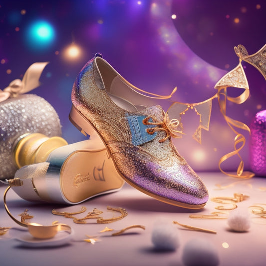 A whimsical illustration featuring a pair of dancing shoes surrounded by swirling script stickers in metallic hues, set against a soft, gradient background with subtle music notes.