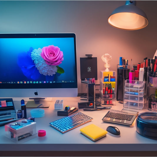 A split-screen image featuring a chaotic makeup station with scattered makeup products and a cluttered computer desk on one side, and a tidy, organized digital storage setup with a laptop, external hard drive, and cloud storage icons on the other.