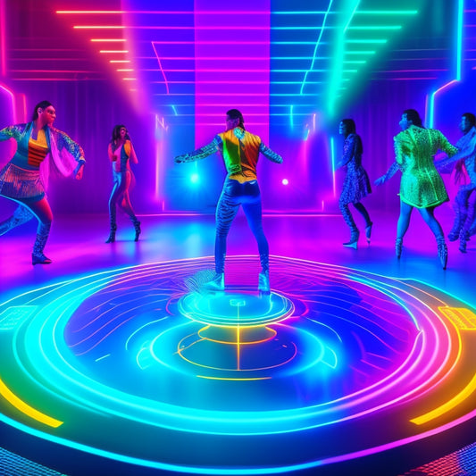 A vibrant, futuristic dance floor with neon lights, holographic projections, and avatars of diverse dancers in motion, surrounded by virtual sponsor logos and branded virtual reality headsets.