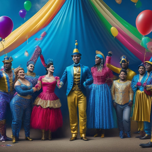 Vibrant illustration of a diverse circus troupe, featuring performers of varying ages, abilities, and racial backgrounds, gathered around a colorful big top, surrounded by balloons and confetti.