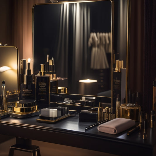 A dimly lit, glamorous backstage area with a vanity mirror, surrounded by scattered makeup brushes, products, and a few glamorous outfits, with a spotlight shining on a sleek, black makeup case.