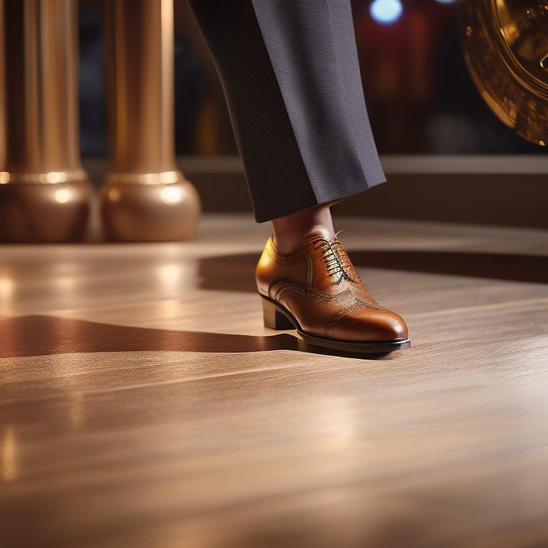 An illustration of a person's feet wearing regular dress shoes with metal plates attached to the ball and heel, standing on a wooden dance floor with a subtle spotlight shining down.