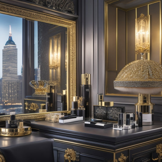 A glamorous, well-lit makeup studio with a sleek, black vanity, ornate mirrors, and a blurred background of city skyscrapers, filled with an assortment of high-end makeup products and brushes.