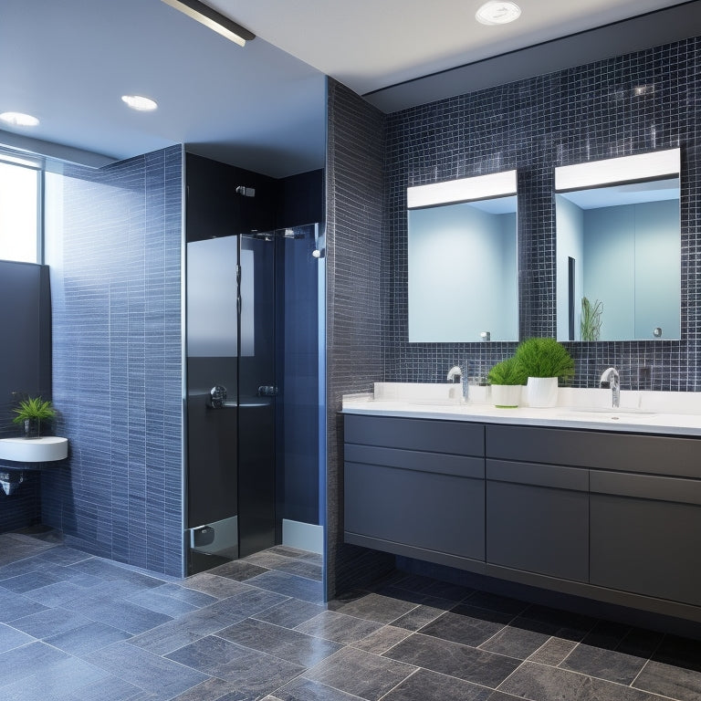 A sleek, modern restroom featuring shatterproof mirrors mounted on vibrant tiled walls, reflecting stylish fixtures and ample natural light, creating a safe, inviting atmosphere for commercial spaces.