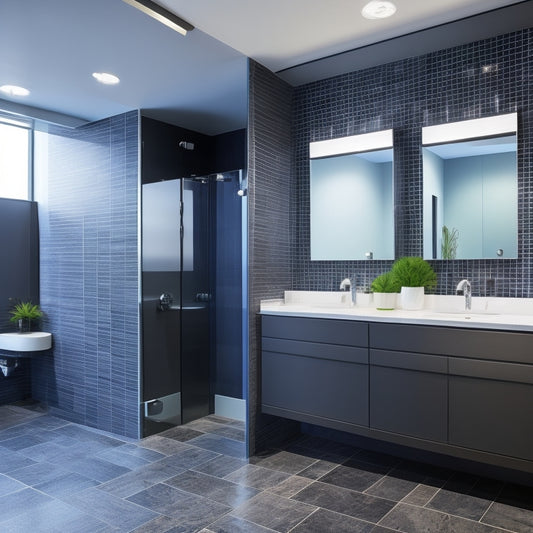 A sleek, modern restroom featuring shatterproof mirrors mounted on vibrant tiled walls, reflecting stylish fixtures and ample natural light, creating a safe, inviting atmosphere for commercial spaces.