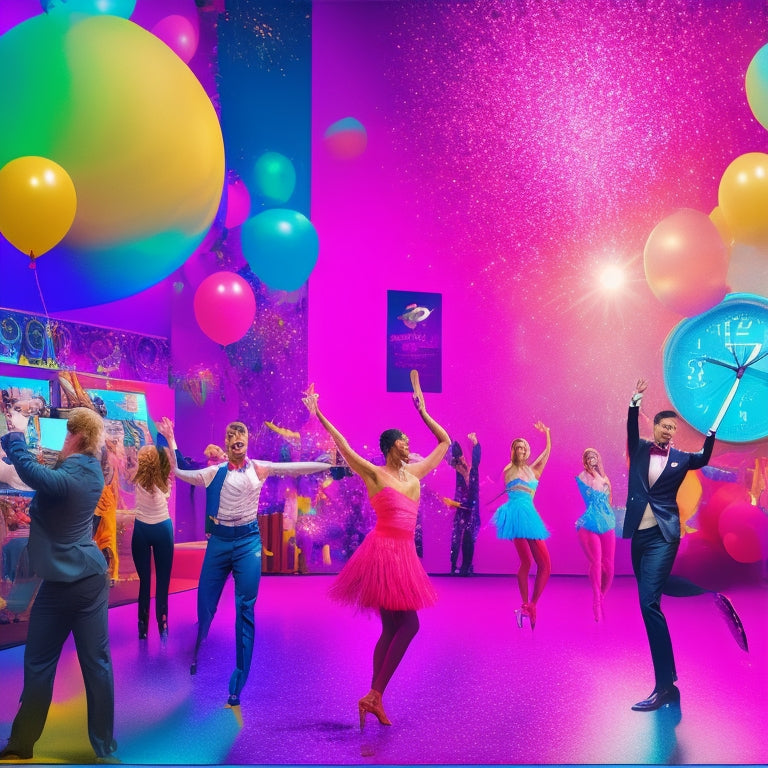 A colorful illustration of a virtual dance studio with multiple screens displaying dancers in different locations, surrounded by clocks, calendars, and digital planners, with confetti and balloons celebrating organization.