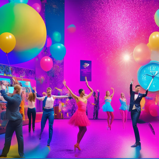 A colorful illustration of a virtual dance studio with multiple screens displaying dancers in different locations, surrounded by clocks, calendars, and digital planners, with confetti and balloons celebrating organization.