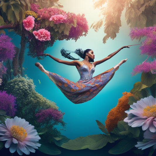 A stylized illustration of a dancer in mid-air, surrounded by swirling digital elements like laptops, tablets, and smartphones, with growing vines and blooming flowers emerging from the devices.