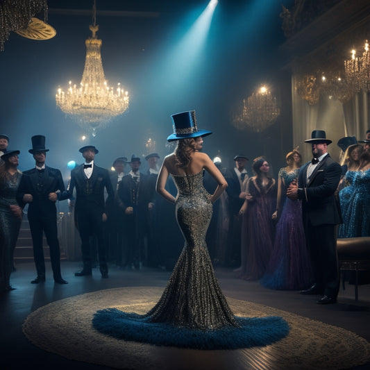 A spotlight shines on a grand, velvet-covered stage, where a rack of extravagant costumes stands, featuring a shimmering mermaid tail, a top hat, a superhero cape, and a glamorous flapper dress.