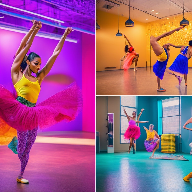 A vibrant dance studio filled with diverse dancers in various comfortable outfits: flowing skirts, fitted leggings, loose tank tops, and stylish sneakers, showcasing dynamic movement against a backdrop of mirrors and colorful wall art.