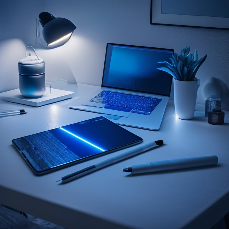 A futuristic, minimalist workspace with a sleek, silver laptop, a smartphone, a digital drawing tablet, and a makeup brush lying across a clean, white desk, surrounded by subtle, glowing blue lights.