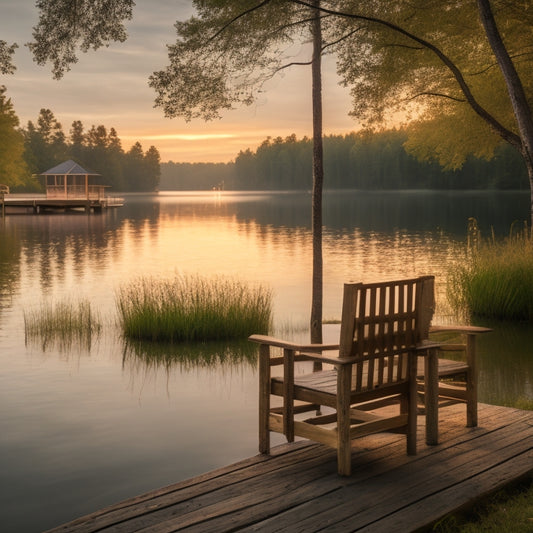 A serene lakefront scene at dusk: warm golden light casts a glow on the calm water, surrounded by lush greenery, with a lone wooden dock stretching into the lake, and a pair of empty chairs waiting.